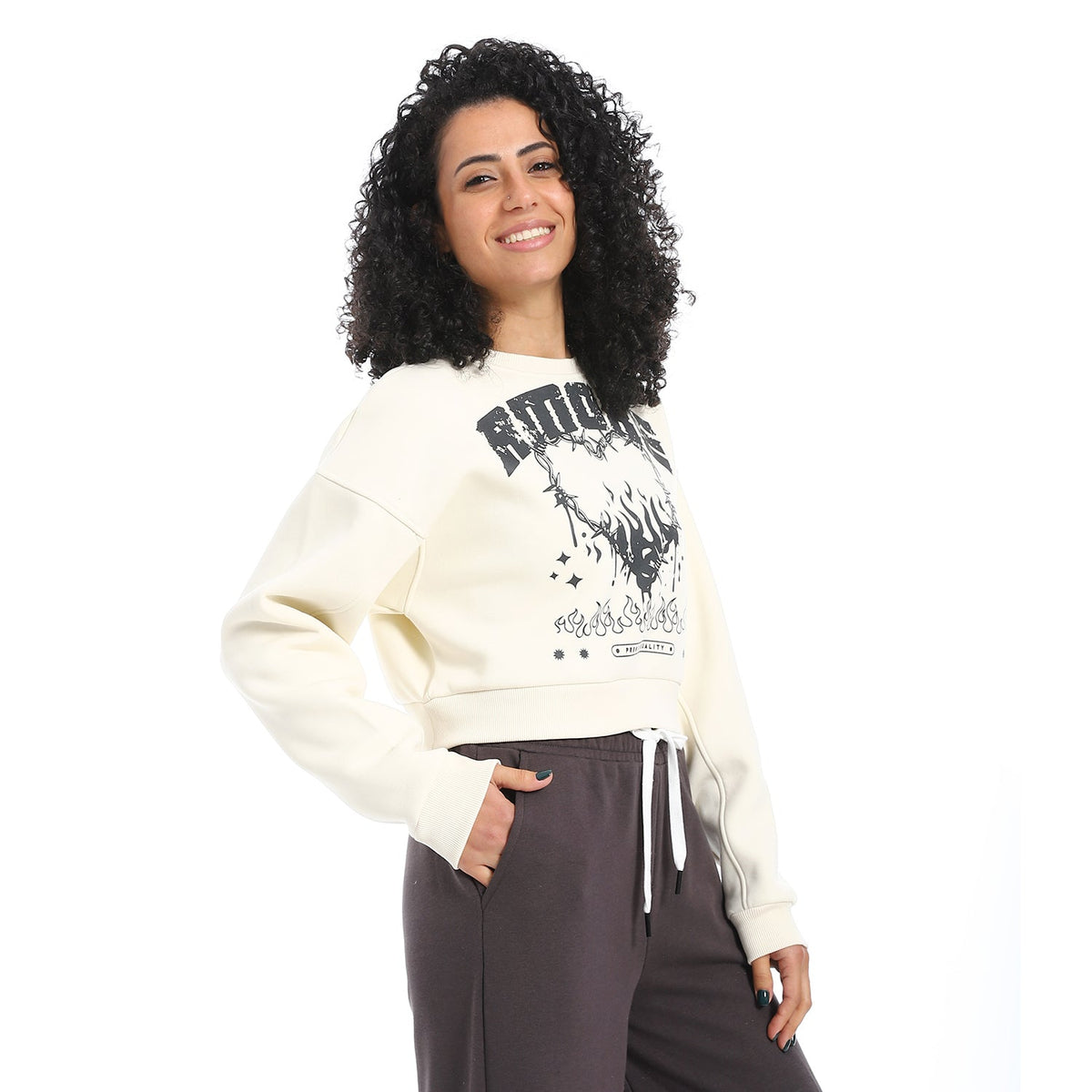 Women's Winter Sweatshirt With Printed - Off White - Red Cotton
