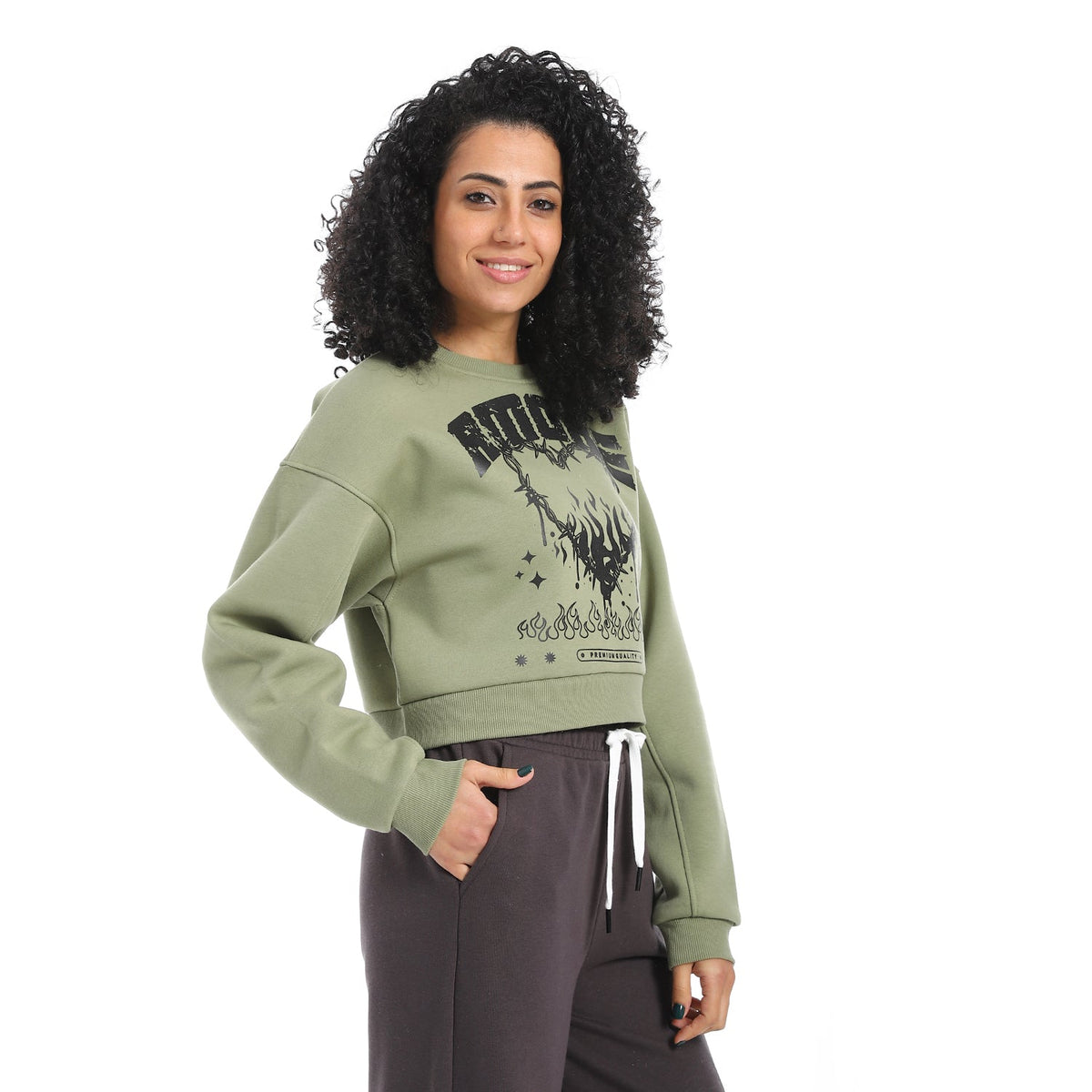 Women's Winter Sweatshirt With Printed - Olive - Red Cotton