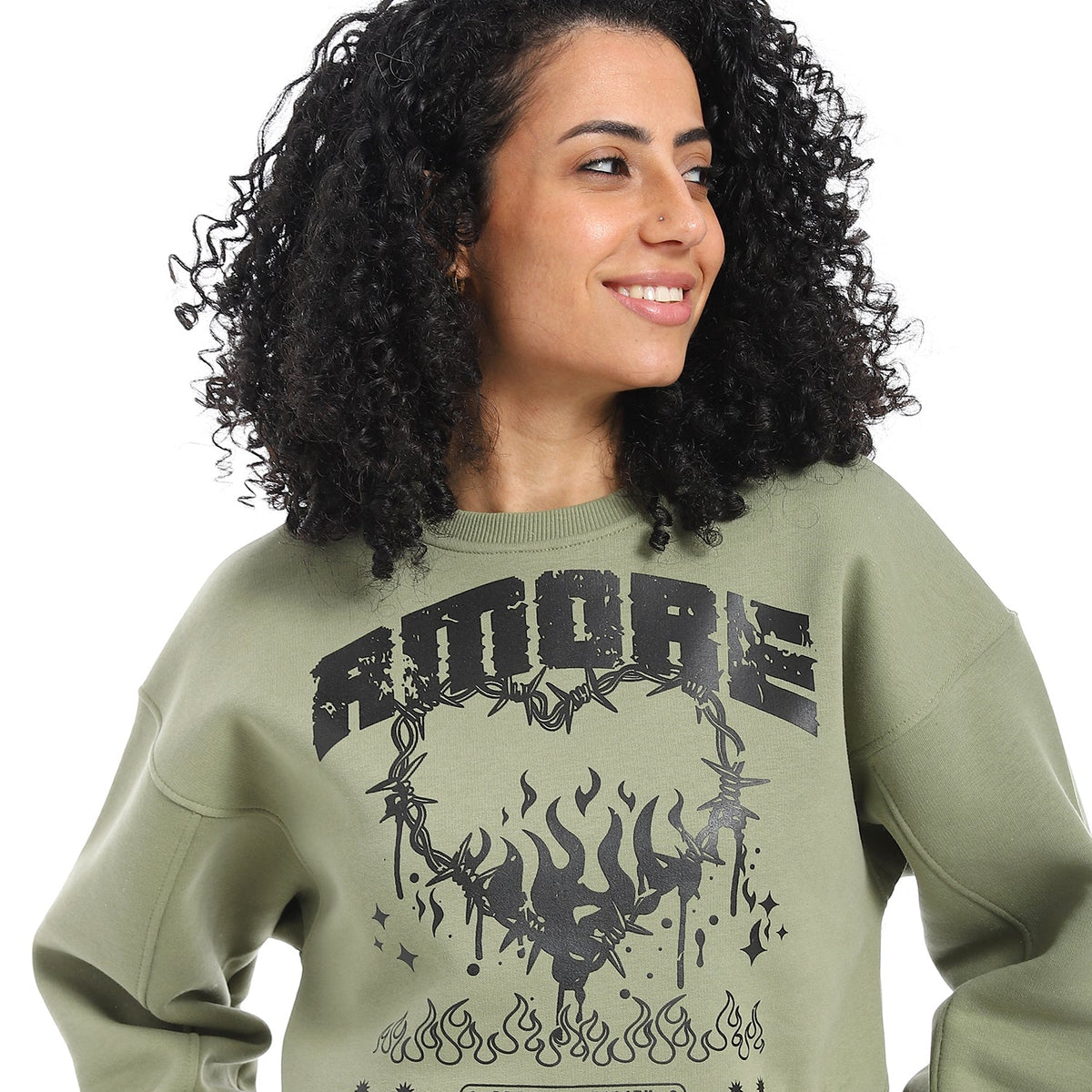 Women's Winter Sweatshirt With Printed - Olive - Red Cotton