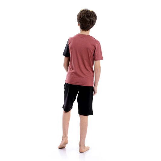 Boys Bi-Tone Printed Summer Shorts Pajama Set - Dusty Rose & Black
