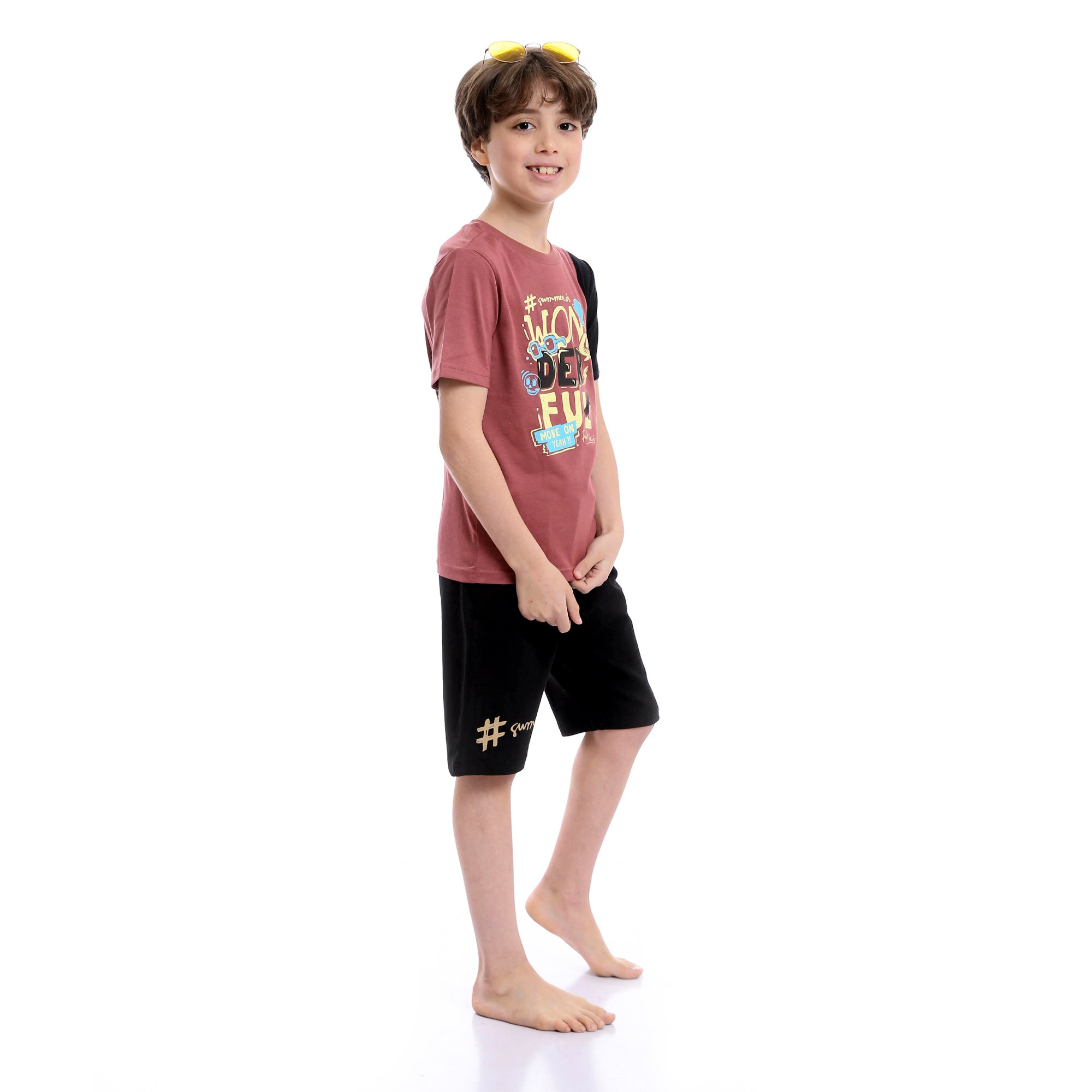 Boys Bi-Tone Printed Summer Shorts Pajama Set - Dusty Rose & Black