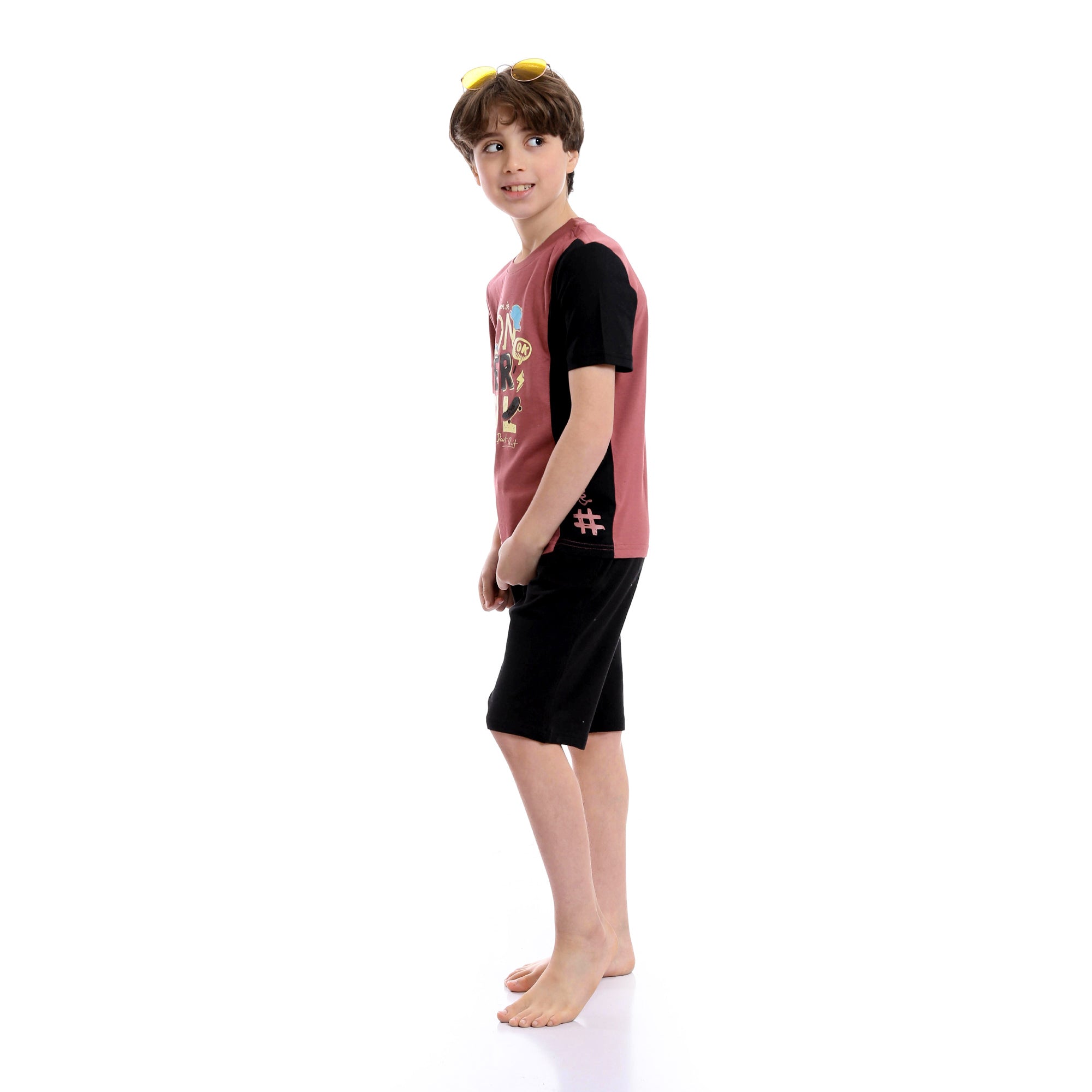 Boys Bi-Tone Printed Summer Shorts Pajama Set - Dusty Rose & Black