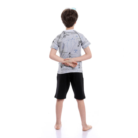 Boys Short Sleeves Tee & Slip On Shorts Pajama Set - White & Black