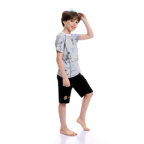 Boys Short Sleeves Tee & Slip On Shorts Pajama Set - White & Black