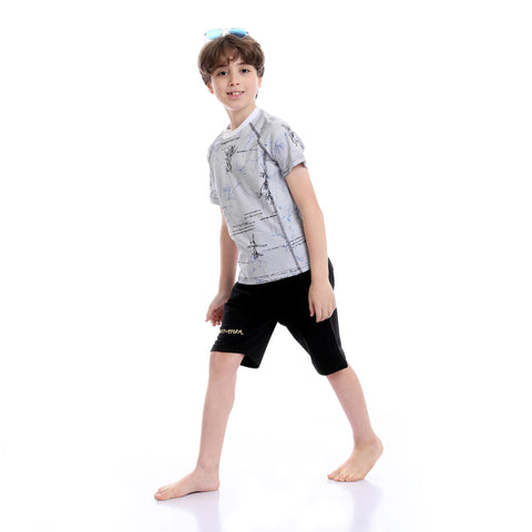 Boys Short Sleeves Tee & Slip On Shorts Pajama Set - White & Black