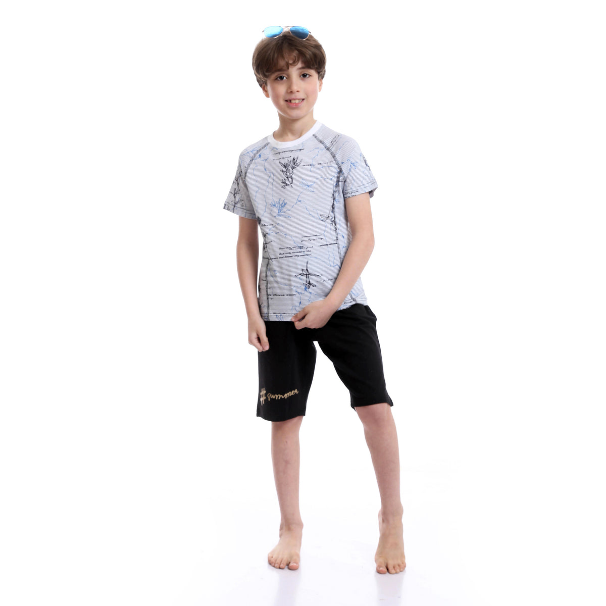 Boys Short Sleeves Tee & Slip On Shorts Pajama Set - White & Black
