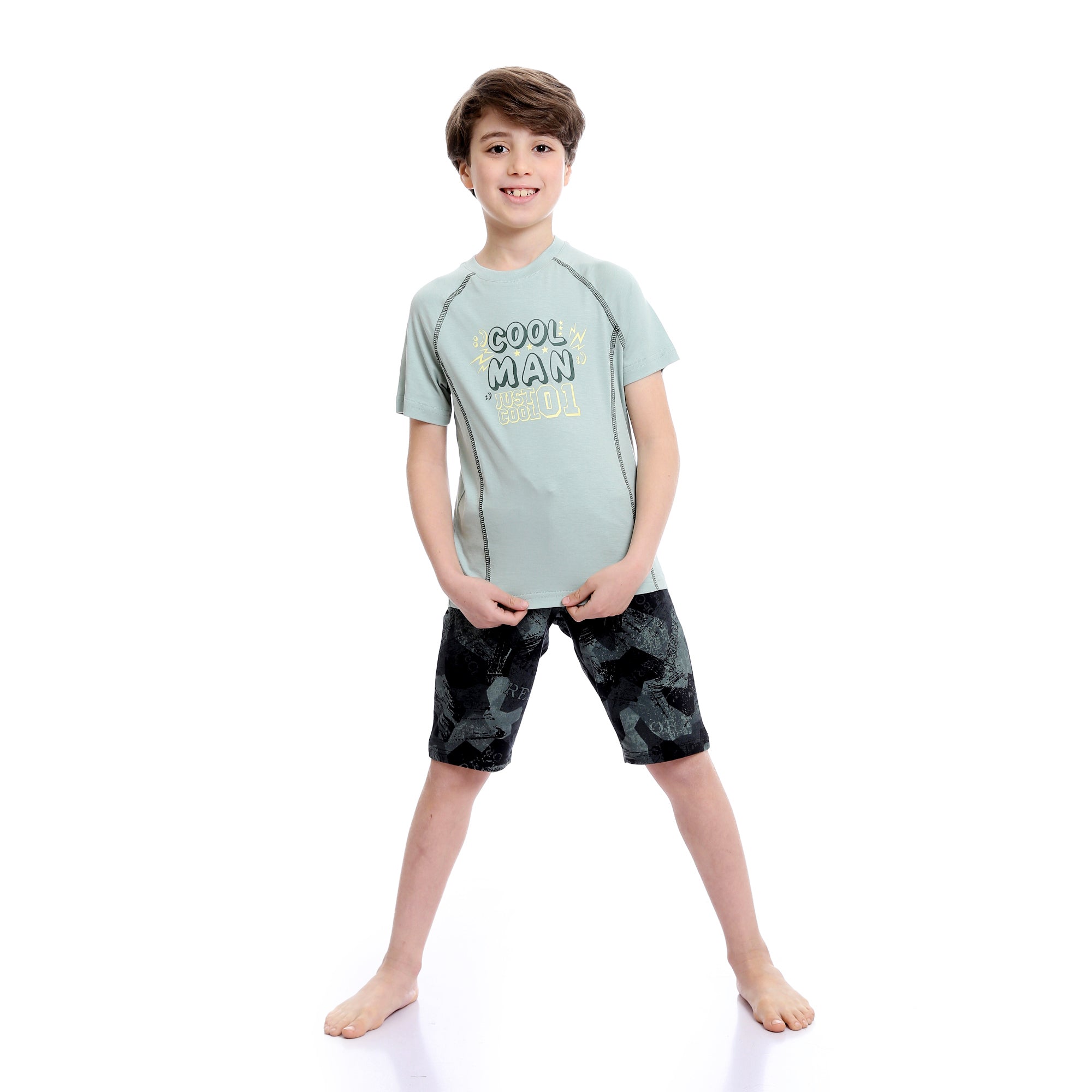 Boys "Cool Man" Olive Tee & Black Shades Shorts Pajama Set