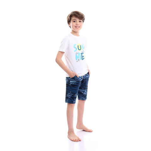 Boys Printed Colorful Summer & Shorts Pajama Set - White & Teal Blue