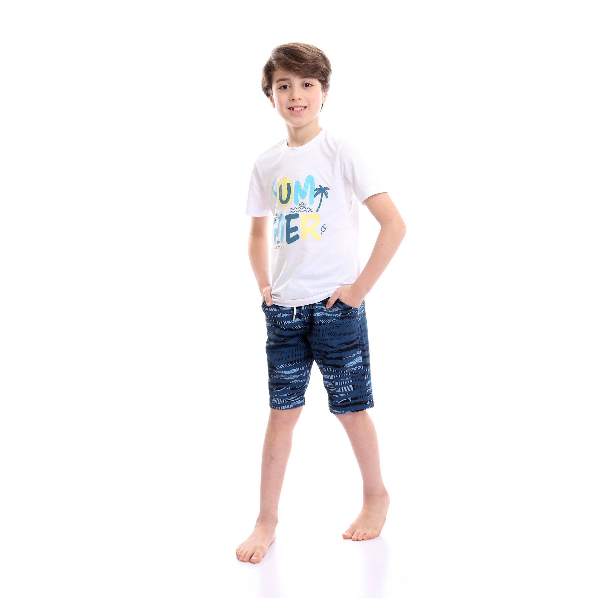 Boys Printed Colorful Summer & Shorts Pajama Set - White & Teal Blue