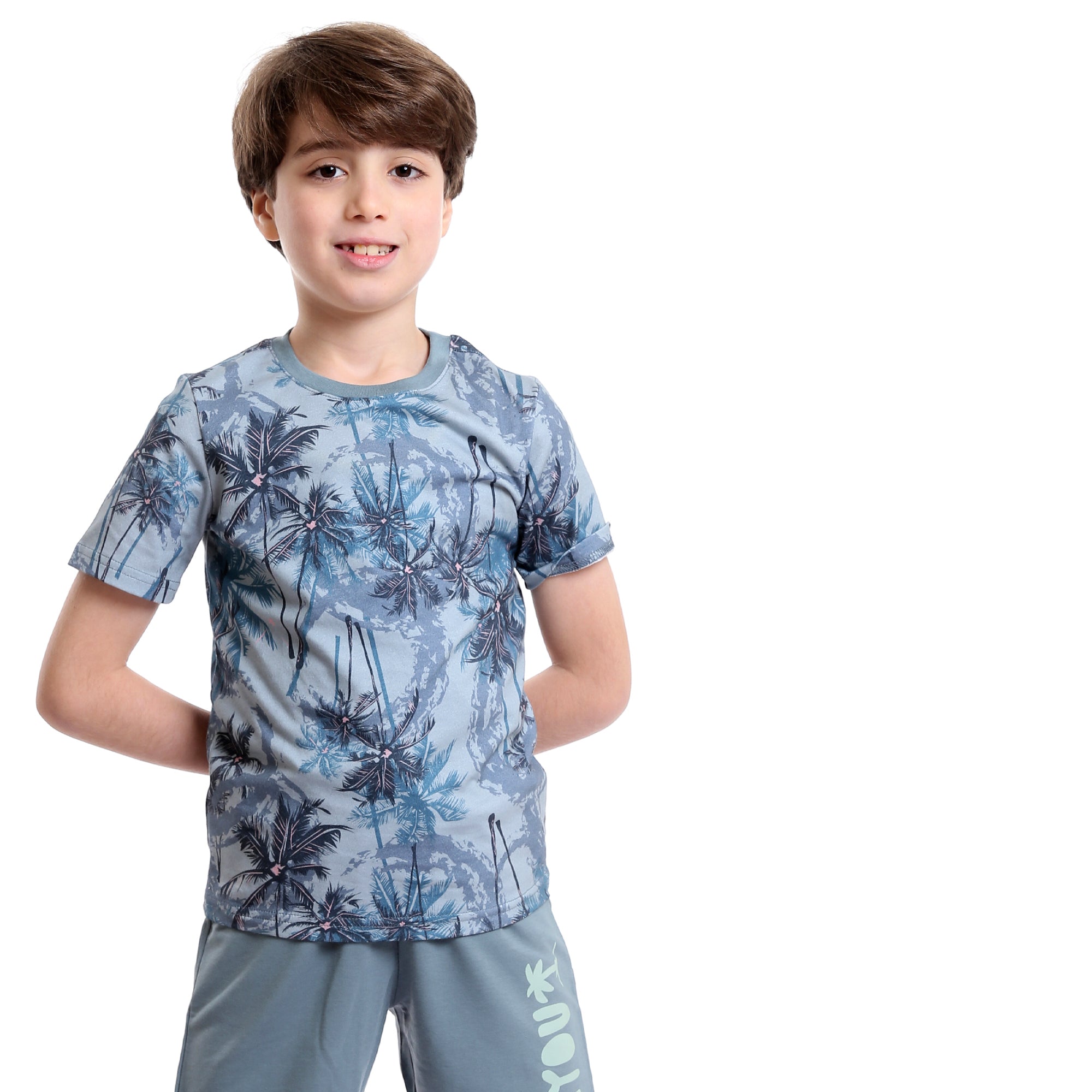 Boys Palm Tree Tee & Shorts Pajama Set - Dusty Blue & Grey