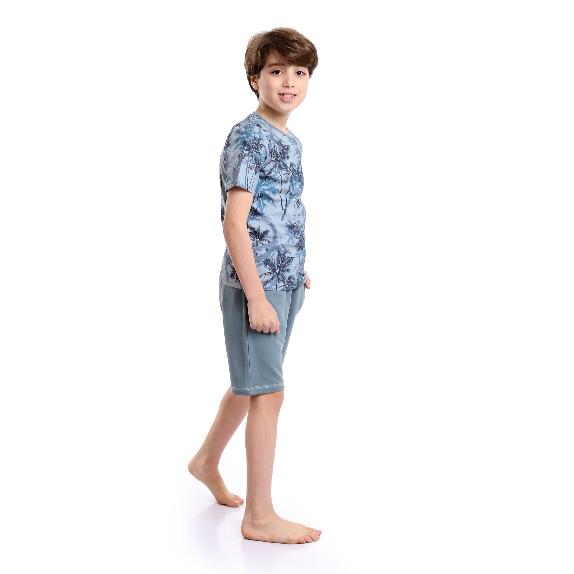 Boys Palm Tree Tee & Shorts Pajama Set - Dusty Blue & Grey