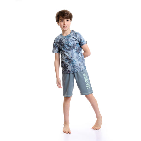 Boys Palm Tree Tee & Shorts Pajama Set - Dusty Blue & Grey