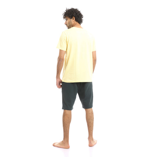 "Limits" Printed Yellow Tee & Forest Green Shorts Pajama Set
