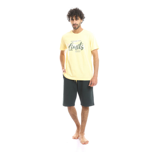 "Limits" Printed Yellow Tee & Forest Green Shorts Pajama Set