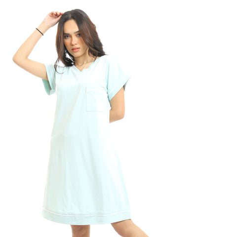 V-Neck Short Sleeves Classic Short Nightgown - Pastel Mint